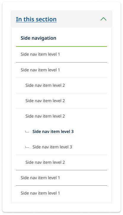 Screenshot of new side-nav component in Figma. The design of this component is an accordion, with the secondary navigation housed within.   